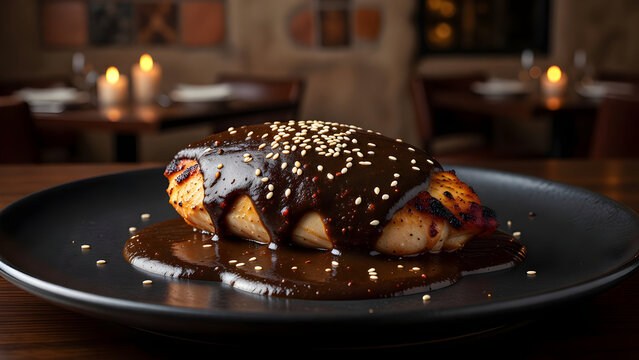 Traditional Mexican Chicken Mole Poblano, Tender Grilled Chicken Breast Smothered in Rich Dark Chocolate Chili Sauce, Sprinkled with Sesame Seeds on Black Plate