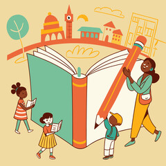 Illustration of a teacher and children writing in a giant open book with education, children
