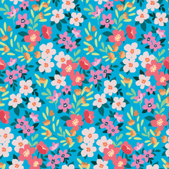 Seamless floral pattern, colorful ditsy print in summer liberty style. Artistic botanical design of small hand drawn wild plants, cute tiny flowers, mini leaves on blue background. Vector illustration © Yulya i Kot