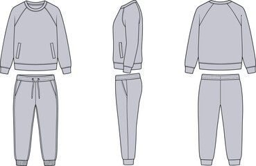 Blank raglan sweatshirt and sweatpants tracksuit technical fashion sketch vector illustration showcasing front side and back views © MdAminur