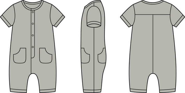 Technical fashion flat sketch vector illustration of a baby short sleeve romper jumpsuit template shown from multiple views