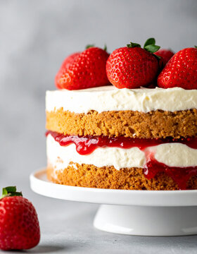 Cake with strawberry jam, tasty sweet dessert food, appetizing baking concept, blurred background. Close-up.