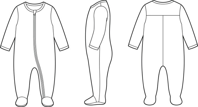 Technical fashion flat sketch vector illustration of a baby zippered sleepsuit footed romper template shown from multiple views