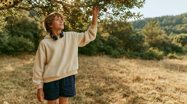 Young Boy Picking Apples in a Field