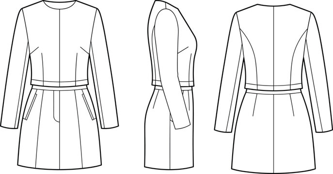 Technical fashion flat sketch vector illustration of women long sleeve cropped jacket and skirt suit from multiple views