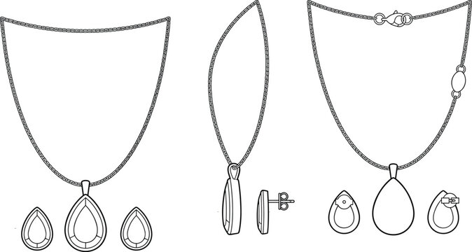 Technical CAD illustration of a luxury jewelry set featuring a teardrop pendant necklace and matching stud earrings shown from multiple angles