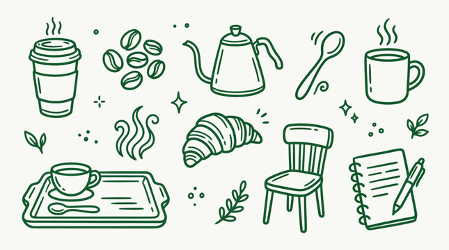 A charming collection of hand-drawn coffee shop elements, including a takeaway cup, coffee beans, kettle, mug, croissant, and a notebook with a pen.