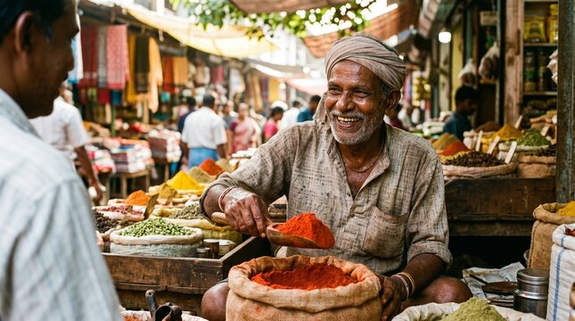 Joyful Indian Spice Vendor Sells Colorful Traditional Spices at a Bustling Market.
