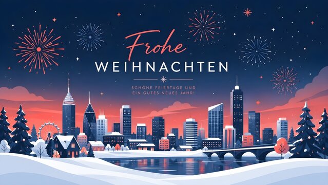 Minimalist Corporate Winter City Banner, Colorful Flat Illustration Skyline with Snow and Fireworks, Creative Frohe Weihnachten Business Holiday Web Background