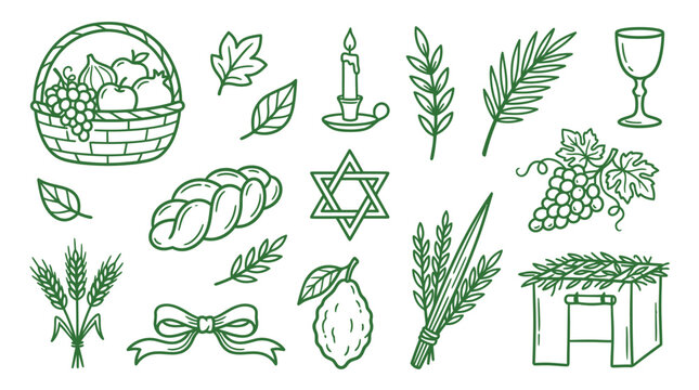 Collection of Jewish holiday symbols and harvest elements in a hand-drawn green outline style.