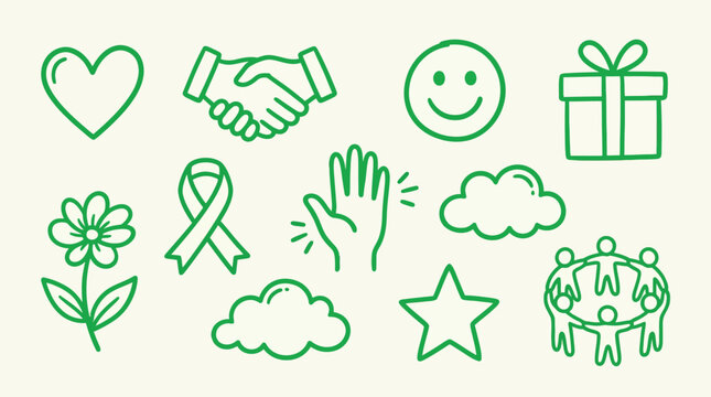 Collection of green line icons representing positive concepts like love, friendship, happiness, and community.