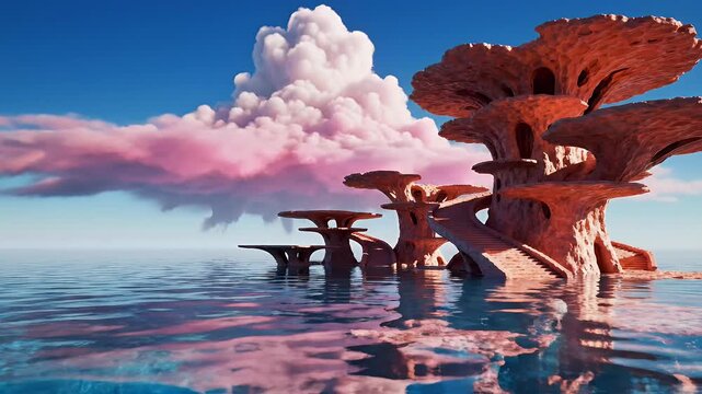 Surreal alien landforms rise from tranquil waters under a vibrant, cloud-filled sky