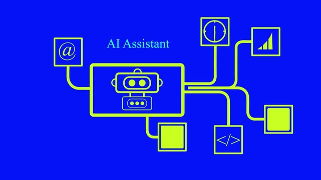 AI assistant robot chatbot vector icon animation with text data connectivity cable line network including email coding time and network signal symbols isolated on dark blue background