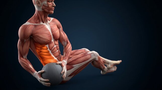 Anatomical illustration of human muscles during Russian Twist exercise with a medicine ball, highlighting obliques strength, for human muscular system education.