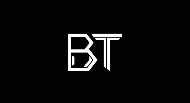 Bold BT letters monogram logo on black background.