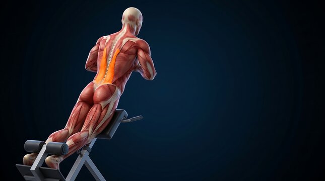 3D anatomical illustration of human male muscles performing hyperextension exercise on a gym bench, highlighting lower back.