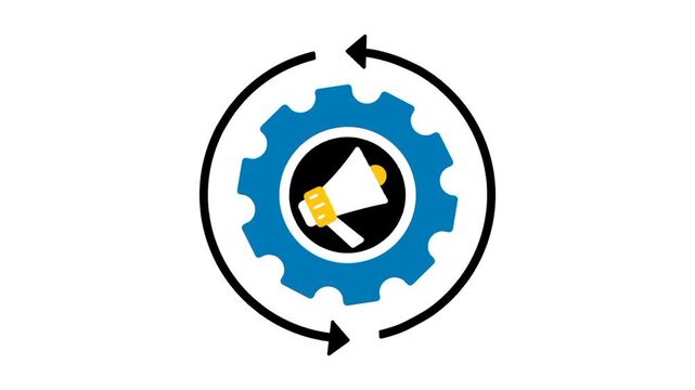 Marketing automation concept featuring megaphone symbol, gear icon, and circular arrows. Visual representation of automated promotion, workflow management, process efficiency, and continuous campaign 