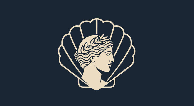 Classical goddess bust inside sea shell logo design.