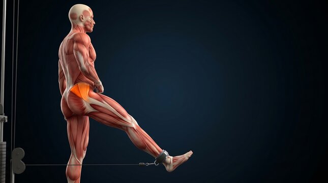 3D anatomical male model demonstrating a cable kickback exercise, highlighting leg and gluteal muscles.