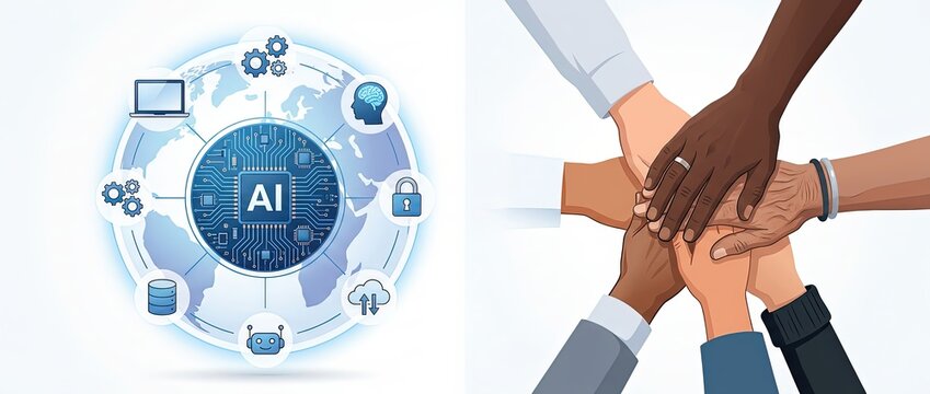 Collaborative ai innovation workshop global technology hub visual content creation modern digital environment high-angle view embracing teamwork and ai solutions
