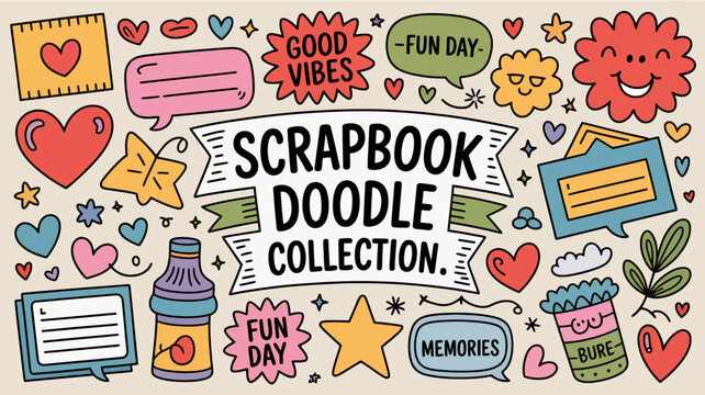 Scrapbook doodle collection with various colorful elements and text scrapbook collection colorful elements memories stickers scissors background illustration
