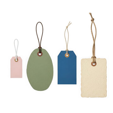 Set of four colorful paper gift tags with string
