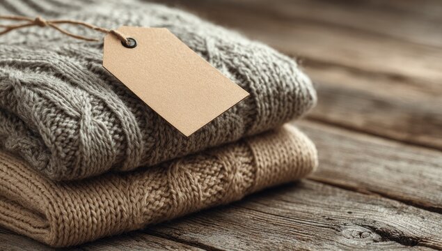 Stack of cozy, neutral-toned knit sweaters on rustic wood, with a blank tag