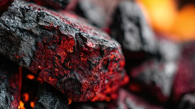 Close-up of glowing charcoal, showcasing textured, charred surfaces with red embers
