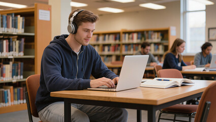 Obraz premium Young Man Studying with Laptop and Headphones in Library