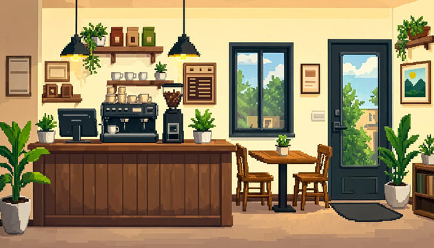 Pixel Art Cozy Coffee Shop Interior Cafe Counter