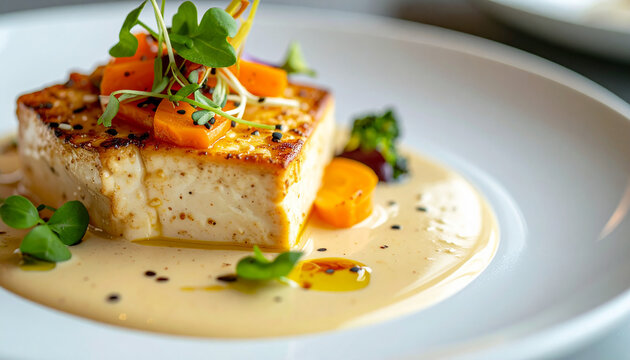 Elegant tofu dish served with delicate sauce and seasonal vegetables, fine dining presentation. Tasty food. Appetizing meal. Cooking and culinary concept. Close-up.