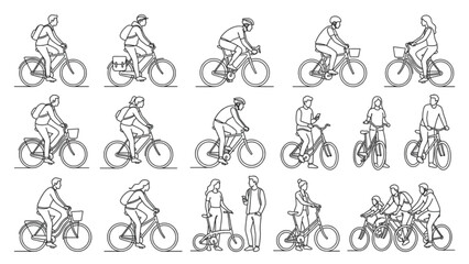 Naklejka premium Architectural Cycling People Set One Line Vector SVG Collection