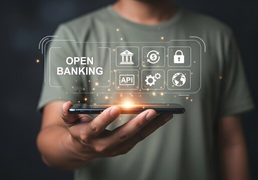 Person holding smartphone displaying open banking concept with digital financial services