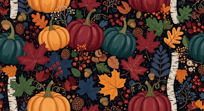 Colorful illustration of pumpkins leaves acorns and birch trees on transparent background