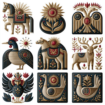 Decorative folk art graphic bundle of traditional Mezen style elements with beige and dark blue ritual horses, deer, double headed bird, and folklore waterfowl isolated on white
