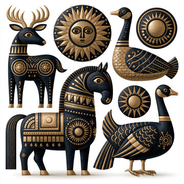 Graphic elements set of traditional Mezen style pagan folklore animals and sun disks with textured golden and black finish isolated on white