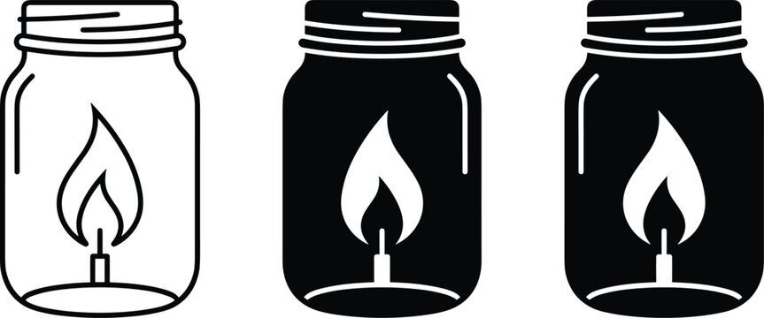 Set of glass mason jars with a burning candle flame inside in outline and silhouette style vector illustration