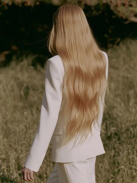 Rear view portrait of a woman with long wavy blonde hair wearing an elegant white suit outdoors in a natural field. Minimal fashion image with soft light, feminine style, and copy space.