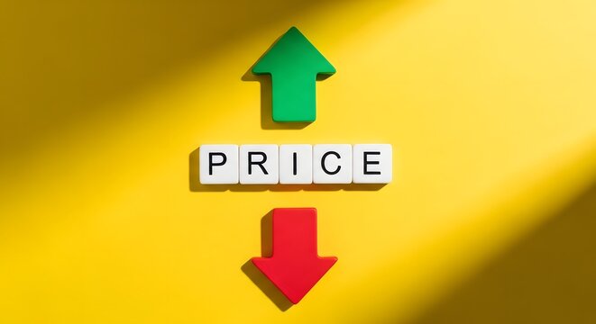 Price fluctuation concept with arrows and blocks on yellow background