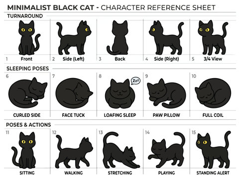 Minimalist black cat character reference sheet with multiple poses and views.