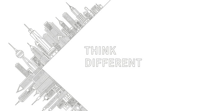 Creative line art illustration of a city skyline forming a V shape with Think Different text.
