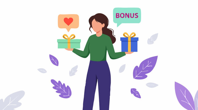 Woman balancing bonus and appreciation gifts, reward program concept