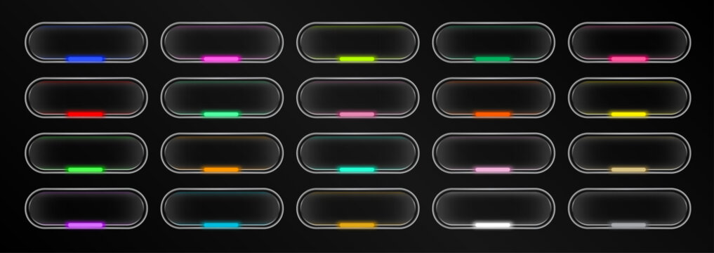 Glassmorphic UI Buttons with Vibrant Neon Glow Accents, Editable AI file