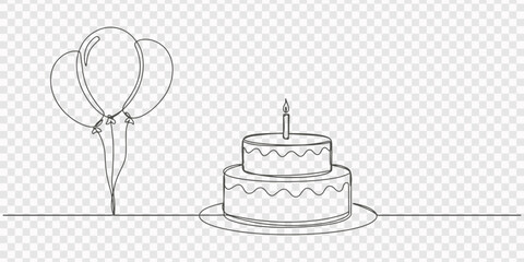 Continuous line drawing of birthday cake with candle and balloons.one line drawing vector illustration, Continuous line drawing of birthday cake and balloons. Cake with sweet cream and a candle. © line pro