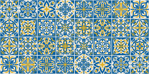 Ceramic tile with Mediterranean blue and yellow patterns. Portuguese and Italian floral mosaic on white background. Geometric square vintage motifs for floor decor. Vector seamless backdrop © Chorna_L