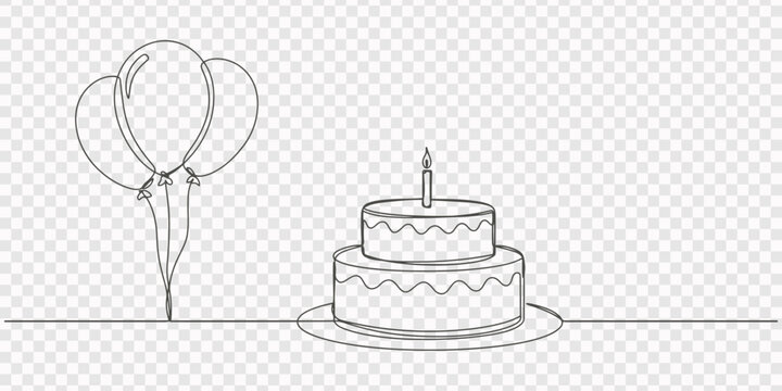 Continuous line drawing of birthday cake with candle and balloons.one line drawing vector illustration, Continuous line drawing of birthday cake and balloons. Cake with sweet cream and a candle.