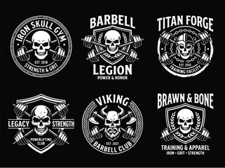 Fototapeta premium Set of Six Vintage Gym Logos Featuring Skulls and Barbells.
