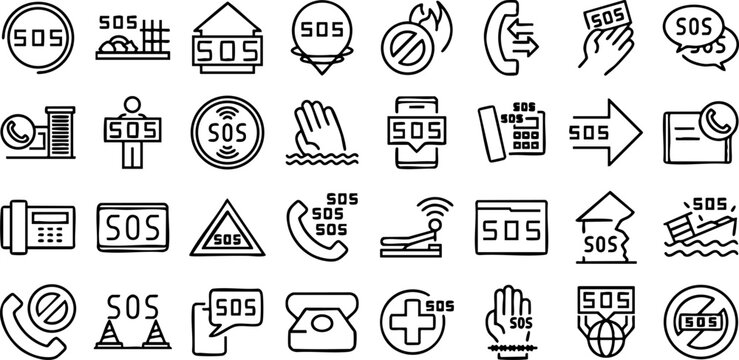 Emergency sos call and assistance outline vector icon set with emergency assistance communication distress operator response
