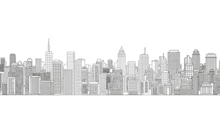 Fototapeta premium Detailed black and white line art sketch of a modern city skyline with skyscrapers.