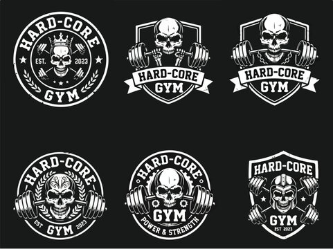 Set of vintage hardcore gym skull logos with barbells and dumbbells for fitness branding.